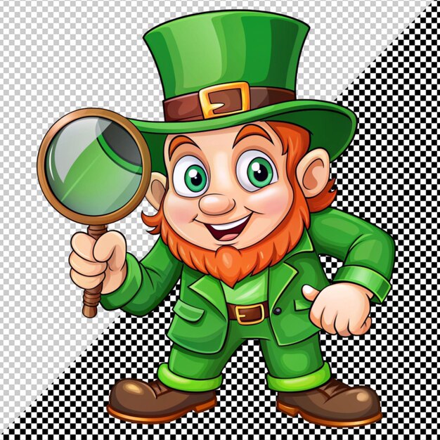 PSD leprechaun con lupa en un fondo transparente