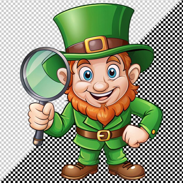 PSD leprechaun con lupa en un fondo transparente