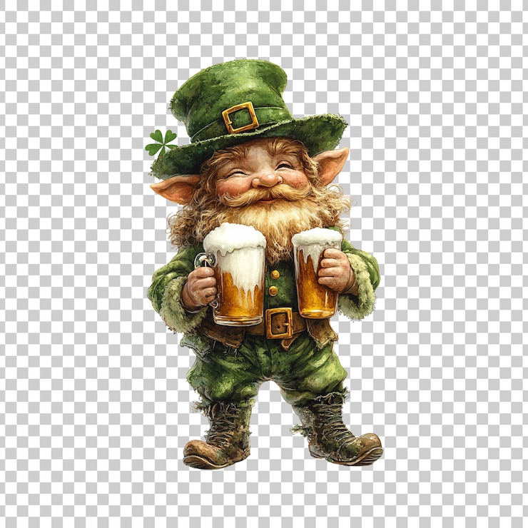 PSD un leprechaun sympathique en vert avec deux pints de bière verte sur un fond transparent