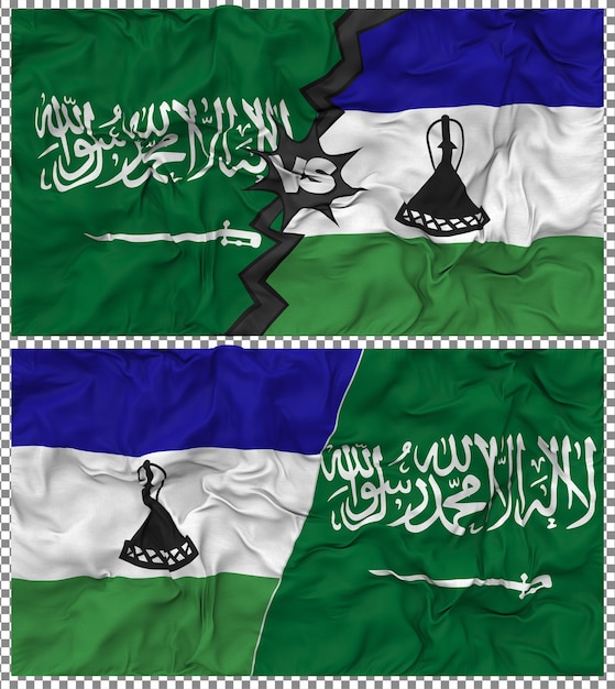 Lesotho contra Arabia Saudita Media bandera combinada con textura 3D de la tela de la bandera