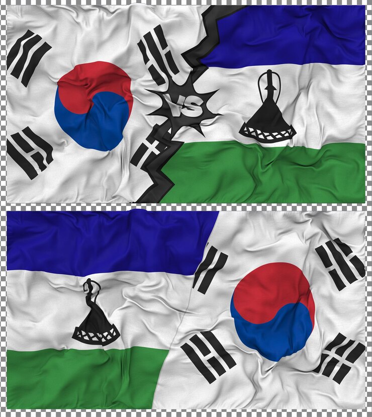 PSD lesoto contra coreia do sul meia bandeira combinada textura de tecido de bump renderização 3d
