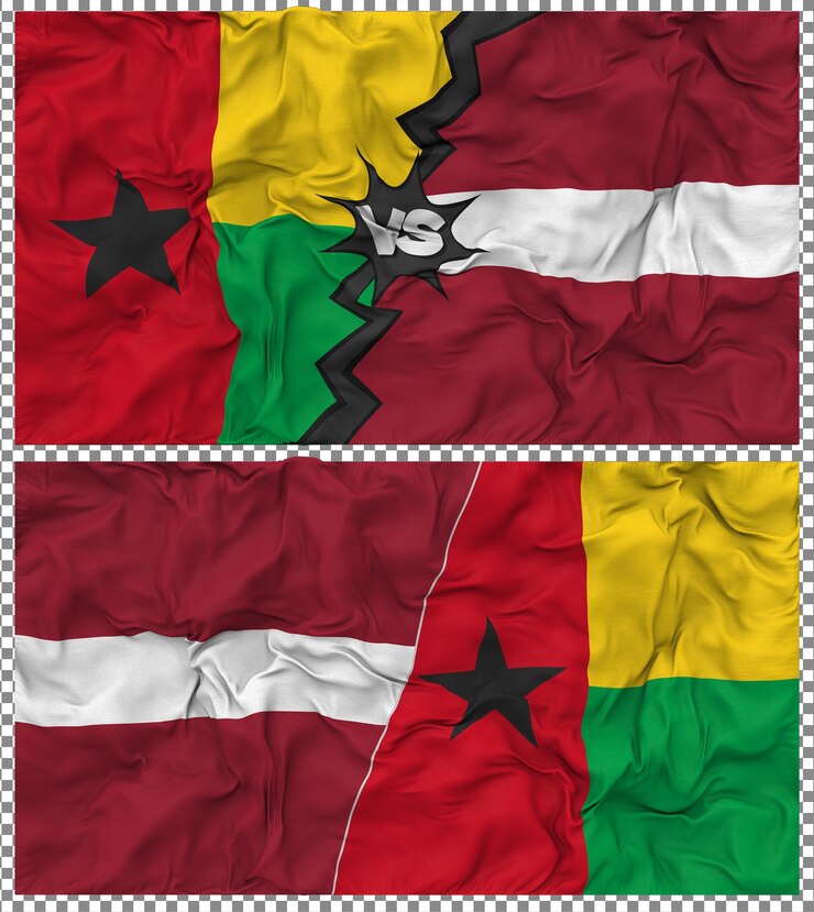 PSD letônia contra guiné-bissau meia bandeira combinada textura de tecido de bump renderização 3d