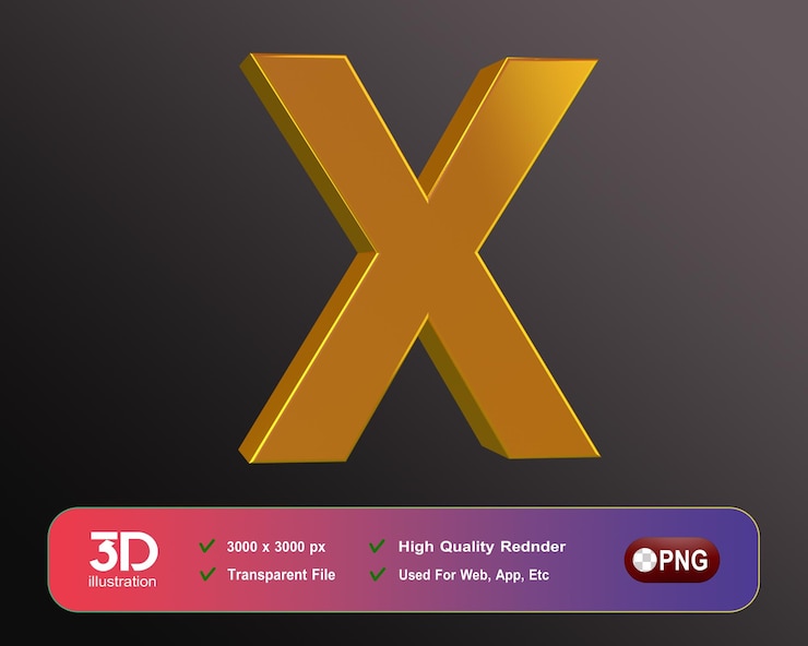 PSD una letra 3d x se muestra en un fondo morado.