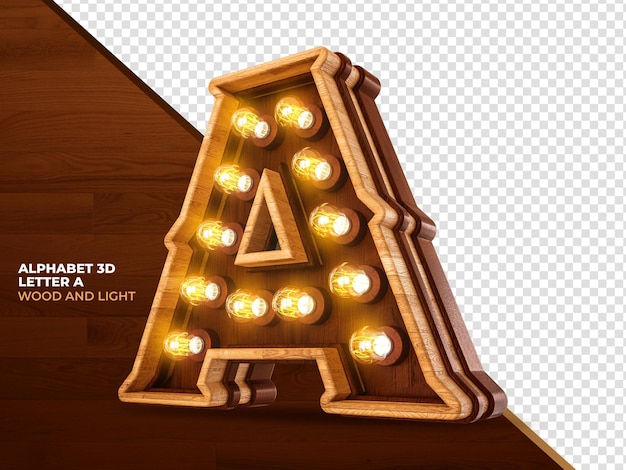 PSD letra a 3d render madeira com luzes realistas