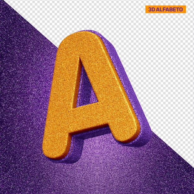 Letra A do alfabeto 3D com textura de glitter laranja e violeta