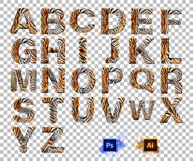 PSD letra del alfabeto con estilo a a z piel de tigre diseño de letras az