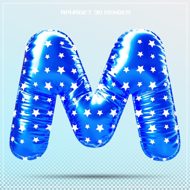 Letra azul M fuente burbuja 3d render alfabeto