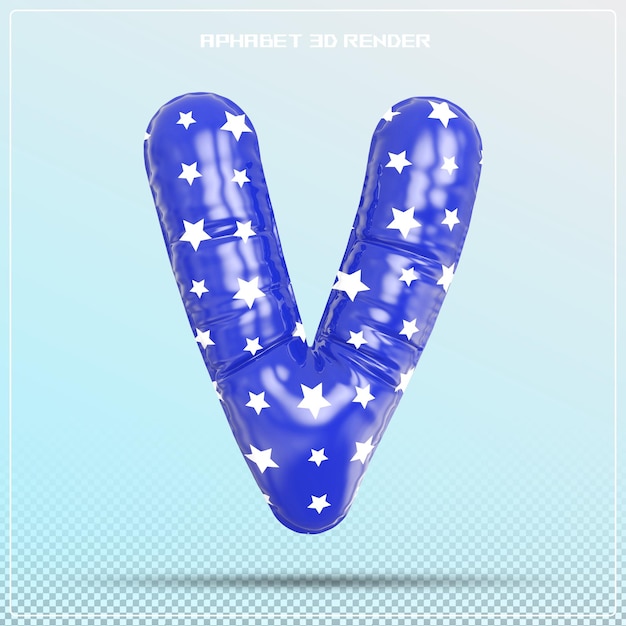 Letra azul V fuente burbuja 3d render alfabeto