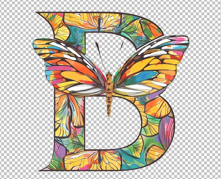 PSD letra b del alfabeto con una mosca de mantequilla en un fondo blanco transparente png