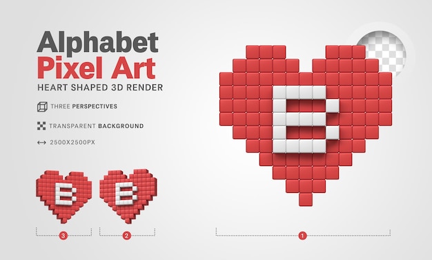 Letra b alfabeto pixel art 3d render fondo transparente