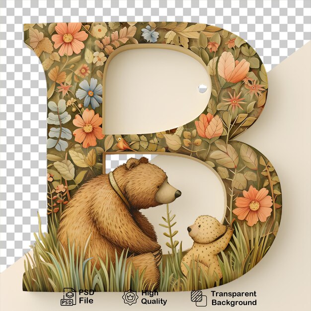 PSD letra b com urso e flores em fundo transparente inclui arquivo png