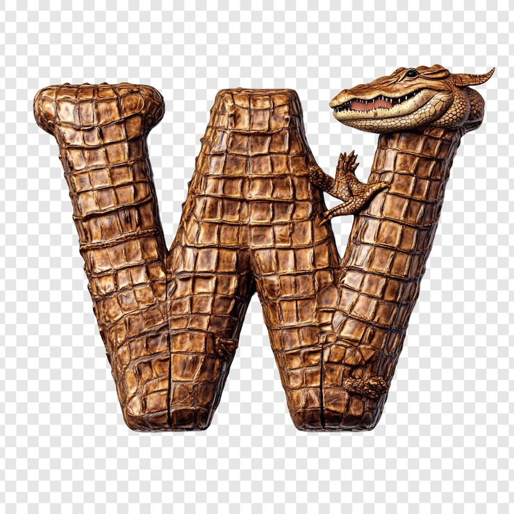 PSD letra de cocodrilo w una representación en 3d de la letra w hecha a partir de la textura de la piel de cocódrilo con una escalada de crocodilo en miniatura