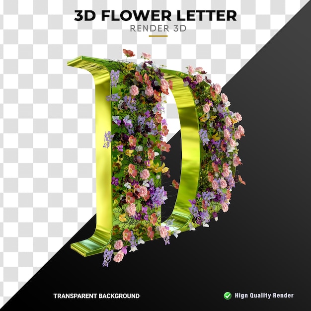 PSD letra d 3d flores e folhas de alta qualidade renderização realista textura de ouro brilhante