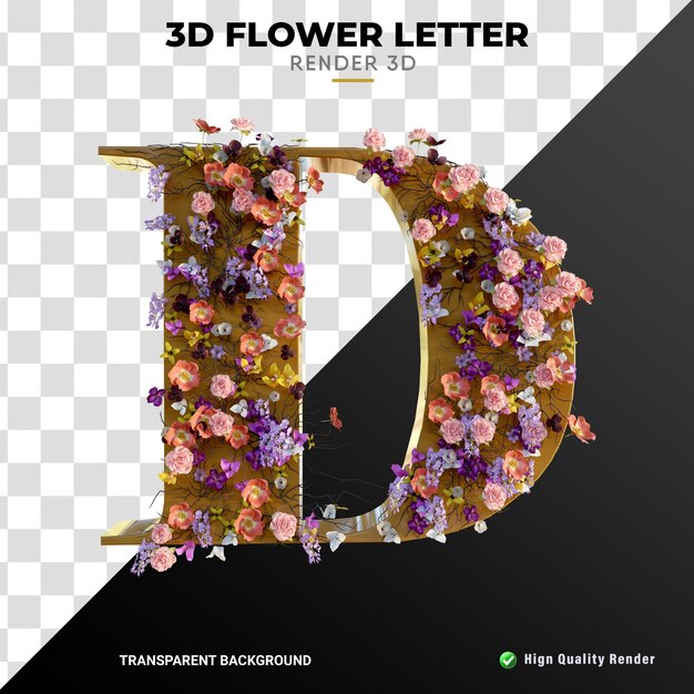 PSD letra d 3d flores e folhas de alta qualidade renderização realista textura laranja brilhante