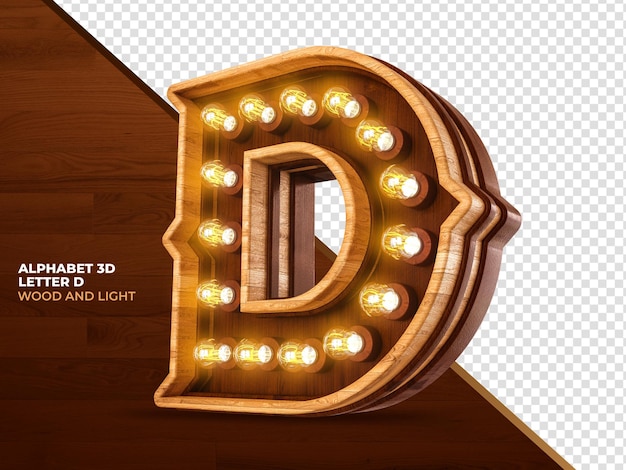 PSD letra d 3d render madera con luces realistas