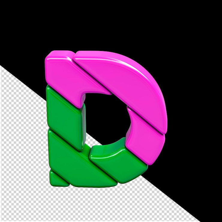 PSD letra d del símbolo 3d de plástico rosa y verde