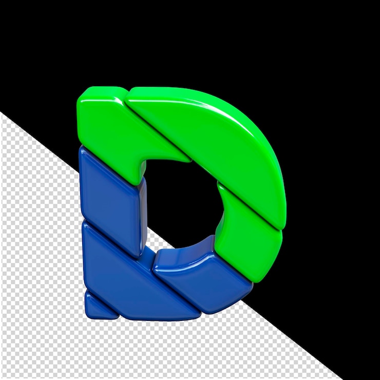 PSD letra d del símbolo 3d de plástico verde y azul