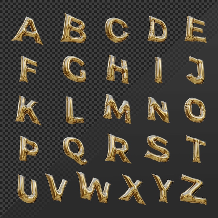 PSD letra de balão de alfabetos de ouro de renderização 3d de uma vista de perspectiva de baixo ângulo inferior esquerdo