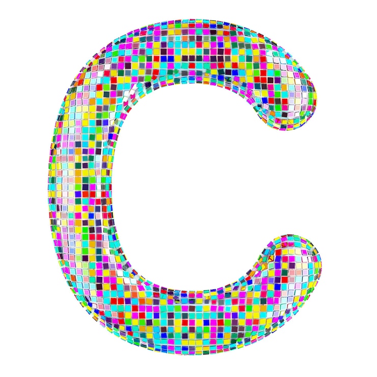 PSD letra de fonte de mosaico c a partir de peças de mosaico vívidas renderização 3d isolada em fundo transparente