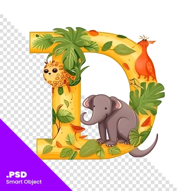 PSD letra do alfabeto d com bonitos animais de desenho animado e folhas tropicais modelo psd de ilustração vetorial