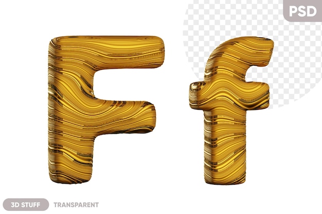 PSD letra dourada f com uma ilustração 3d de textura ondulada brilhante
