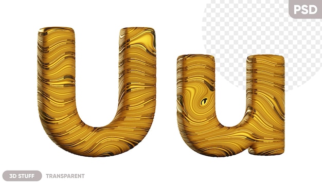 PSD letra dourada u com uma ilustração 3d de textura ondulada brilhante