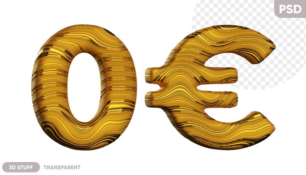 PSD letra dourada zero e euro com uma ilustração 3d de textura ondulada brilhante