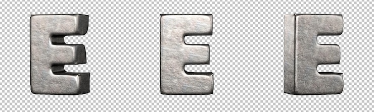 PSD letra e de una colección de letras de hierro rayado. aislado. representación 3d