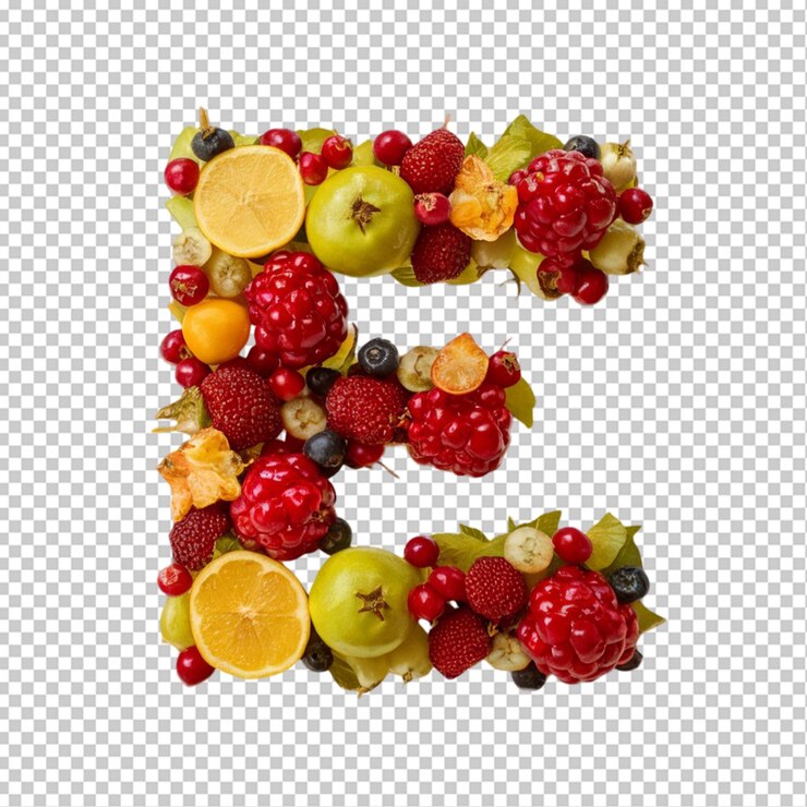 PSD letra e de diferentes frutas y bayas.