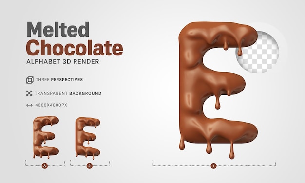 Letra E em renderização 3d de chocolate derretido para composições de páscoa