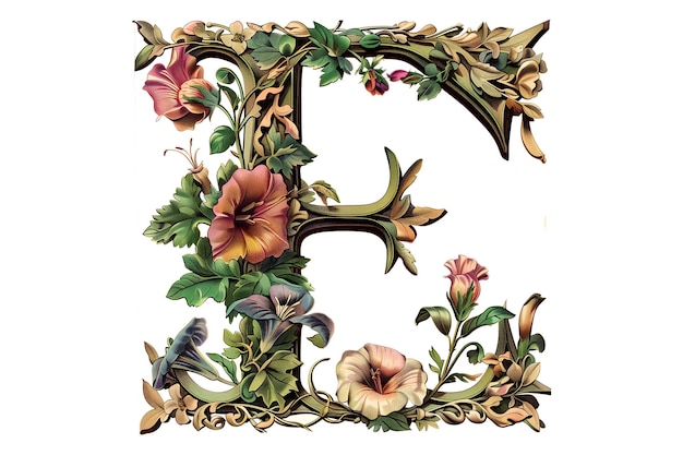 La letra E está decorada con flores y hojas cortadas ilustración