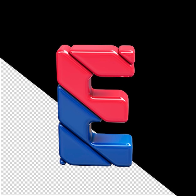 Letra e del símbolo 3d de plástico rojo y azul