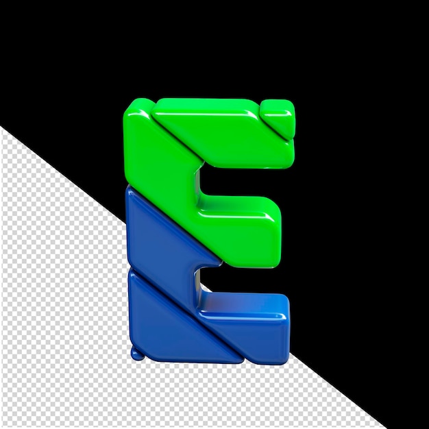 PSD letra e del símbolo 3d de plástico verde y azul