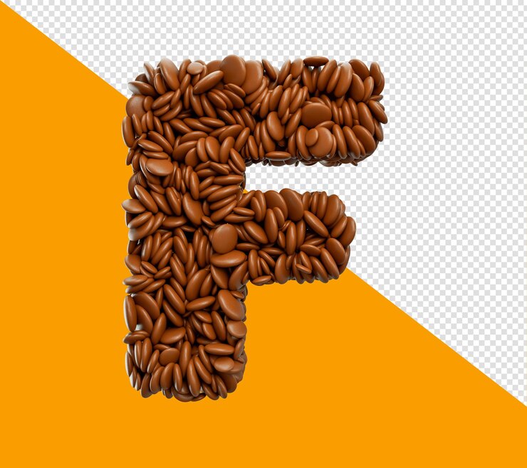 PSD letra f hecha de frijoles recubiertos de chocolate caramelos de chocolate alfabeto palabra f ilustración 3d