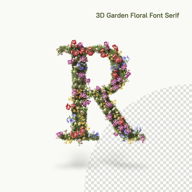 La letra floral R del alfabeto, fuente serif de flores y plantas de jardín