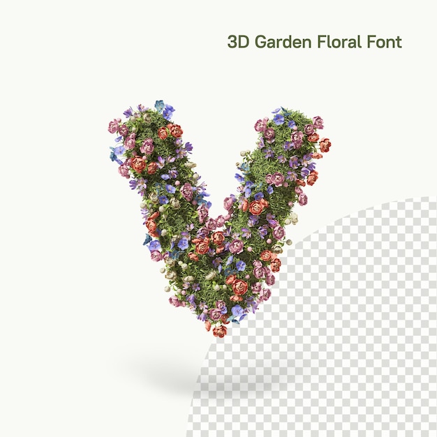 Letra floral V del alfabeto hecha de flores y plantas de jardín
