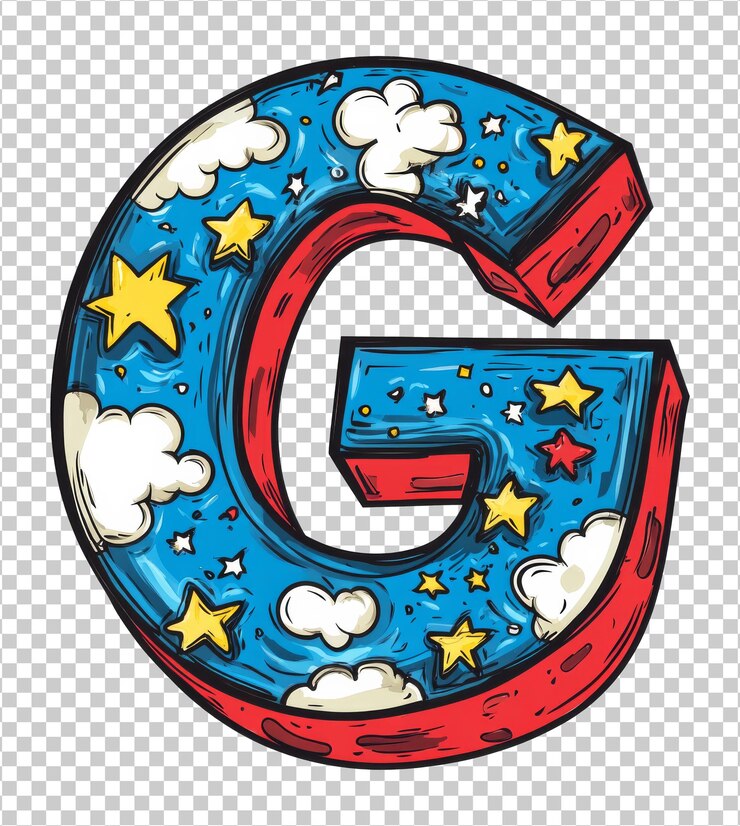 PSD letra g colorida com nuvens e estrelas desenho cortado transparente
