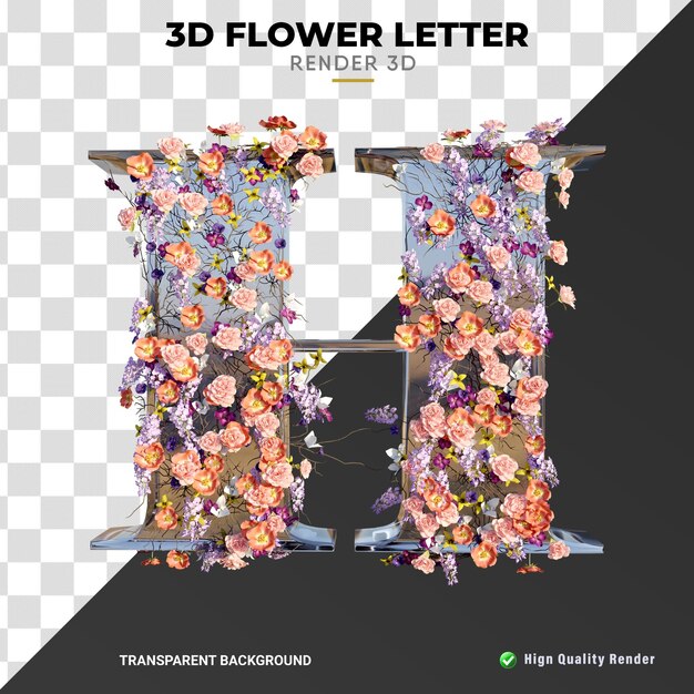 Letra h 3d flores y hojas textura de vidrio de renderizado realista de alta calidad