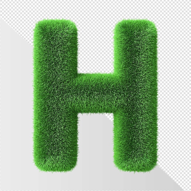 Letra h verde con hierba sobre un fondo transparente