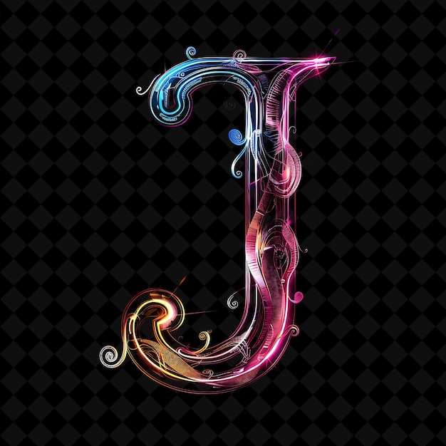PSD la letra j decorada con una espiral de neón rizada en la parte inferior combine neon color y2k colecciones de arte tipográfico