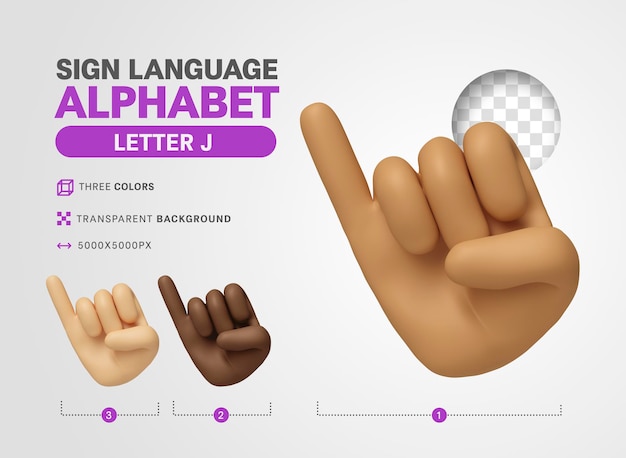 Letra J no alfabeto de sinal de língua americana 3d render cartoon