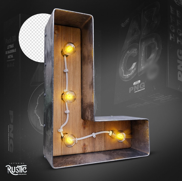 Letra L 3d em metal e madeira com luzes acesas