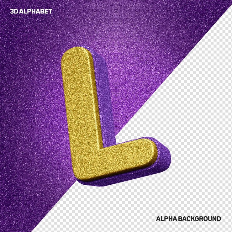 PSD letra l del alfabeto 3d con textura realista de brillo dorado con lilas