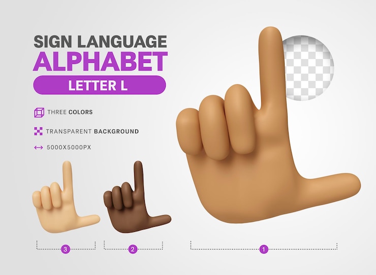 PSD letra l en lenguaje americano alfabeto de signos 3d render dibujos animados