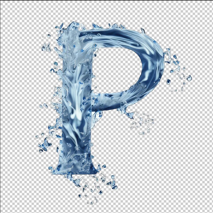 PSD letra líquida p splash isolado em fundo branco
