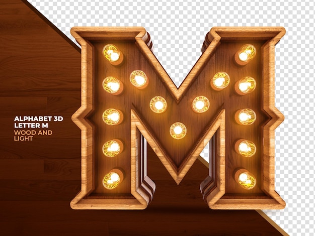 Letra m 3d render madera con luces realistas