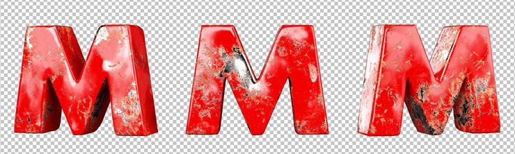 PSD letra m del conjunto de colección de alfabeto de letras metálicas rayado rojo. aislado. representación 3d