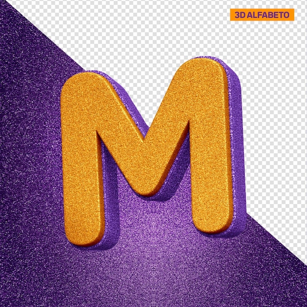 PSD letra m do alfabeto 3d com textura de glitter laranja e violeta