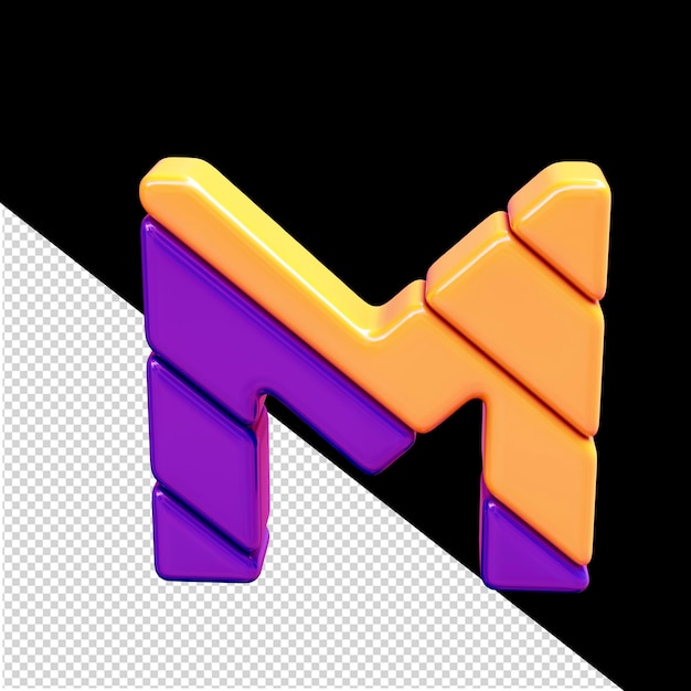 Letra m del símbolo 3d de plástico naranja y morado