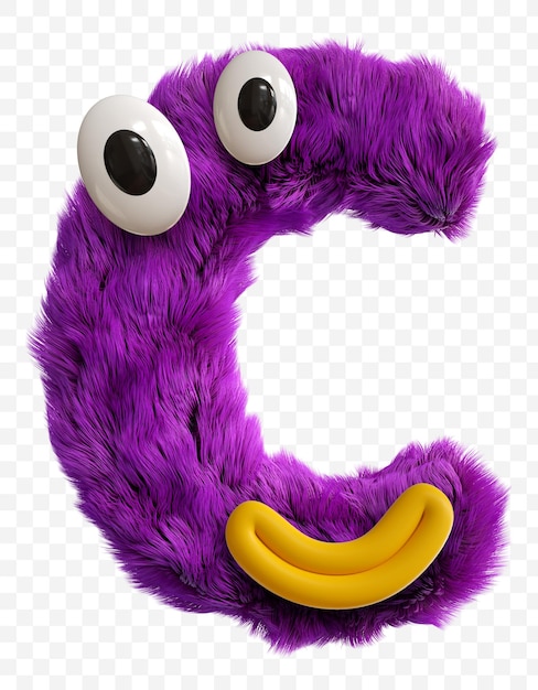 Letra mayúscula púrpura de la cara del monstruo del personaje de dibujos animados. 3d render alfabeto aislado.